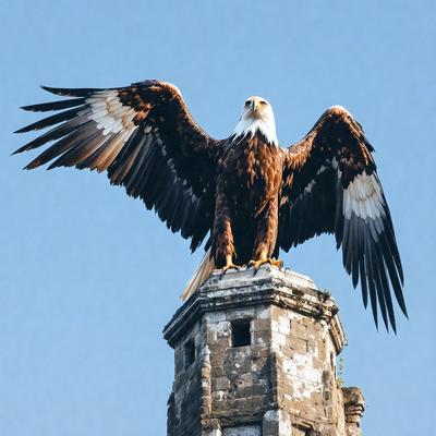 The primary subject of the image is a large bird, likely a bald eagle, perched on top of a stone structure. The bird is spreading its wings, showcasing its impressive size and wingspan. The setting appears to be an outdoor environment, with the bird standing on the stone structure, which could be a monument or a building. The visual style of the image is a photo, capturing the bird in its natural habitat. The colors and mood of the image are dominated by the bird's brown and